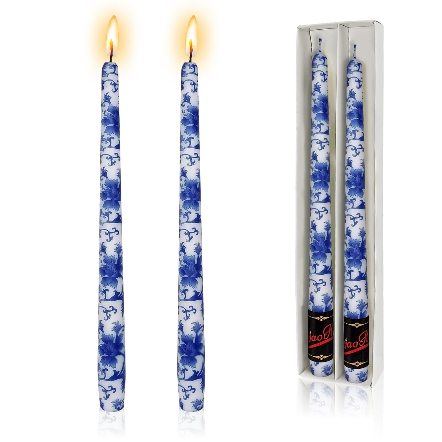 NJAO HOO Candlesticks 10 in Straight Taper Candles Hand Printed Blue and White Candlesticks Unscented Tall Tapered Candle Sticks for Home Garden Decor