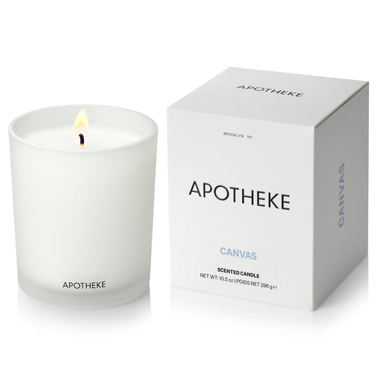 Apotheke Signature Scented Candles for Home, Canvas - 10.5 oz - Soy Wax, Non Toxic, Large Jar White - Luxury Candle Gifts for Women & Men - White Musk, Dew Drops, and Lily of the Valley