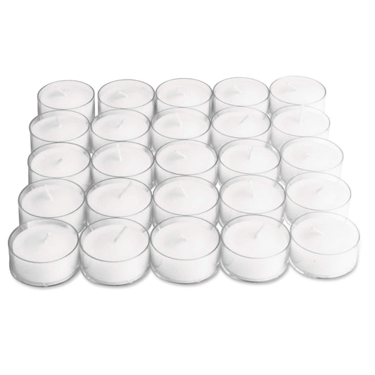 tag Unscented Basic Clear Cup Tealight Candle 25 Pack Burn Time 3 Hours Ideal for Home Decor Decoration Birthday Parties Wedding Dinner White