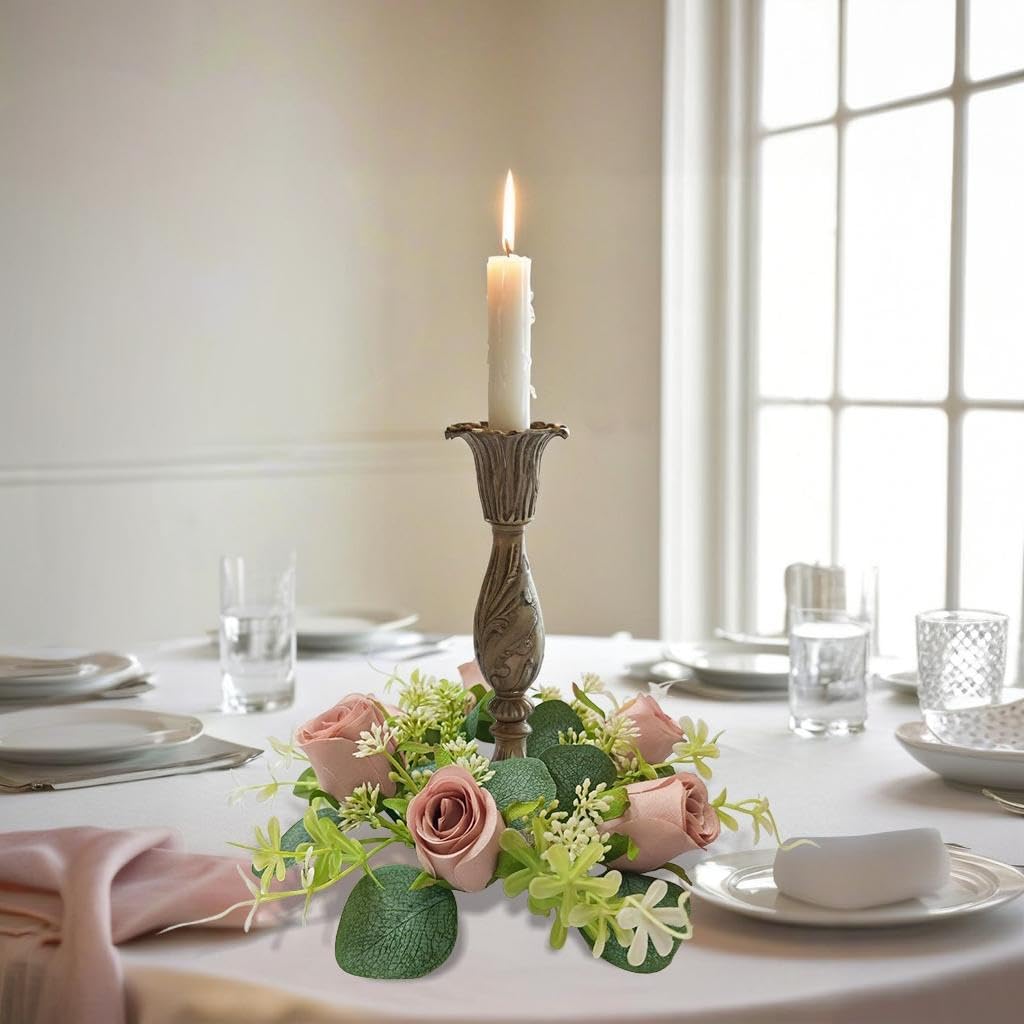 OrgMemory 6 Pcs Candle Rings, Artificial Eucalyptus Leaves Wreath, Pillar Candle Holder for Wedding Home Door Tabletop Decoration, Small Candle Rings Wreaths(Dusty Rose)