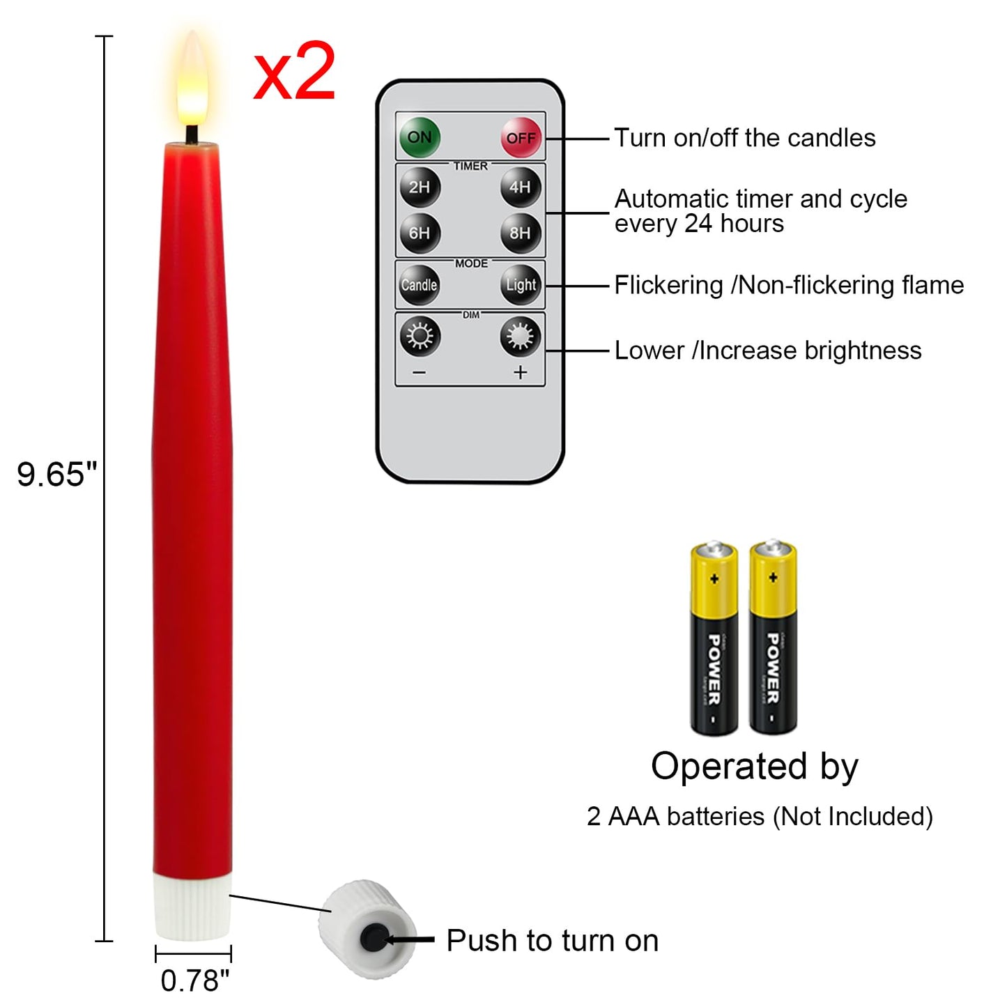GenSwin Flameless Taper Candles, Set of 2 Red LED Taper Candles Battery Operated with Remote Timer, Real Wax Flameless Candlesticks with 3D Flame for Home Wedding Party Holiday Decor (0.78” x 9.65”)