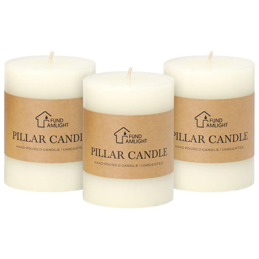 3x4 Inch White Pillar Candles Set of 3 - Decorative Unscented Pillar Candle, Long Burning Dripless Candles for Table Decor, Smokeless Large Pillar Candle for Wedding, Dinner, Rustic Home Decor