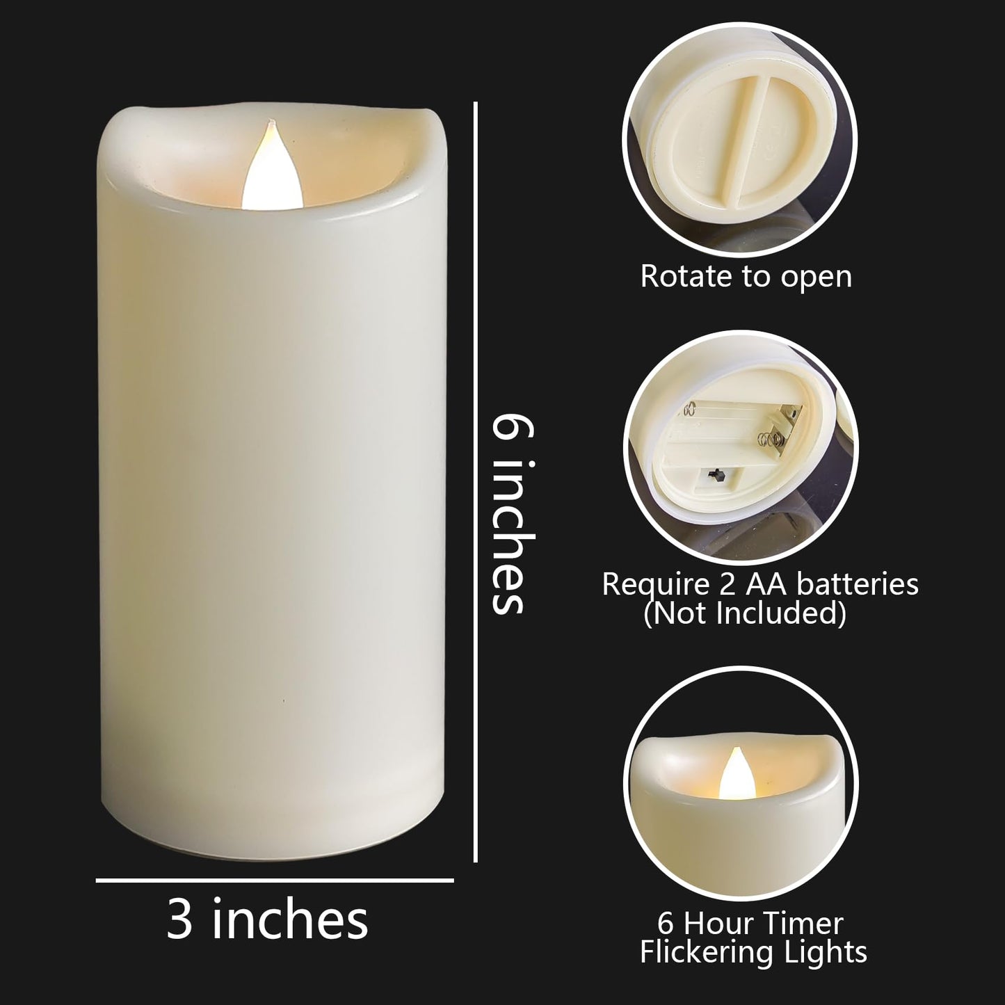 2 Pack Outdoor Battery Operated Candles with Timer (3x6 Inches) Waterproof Flameless Pillar Candles Flickering Plastic LED Fake Candles Electric Lights for Halloween Christmas Decoration Lantern Decor