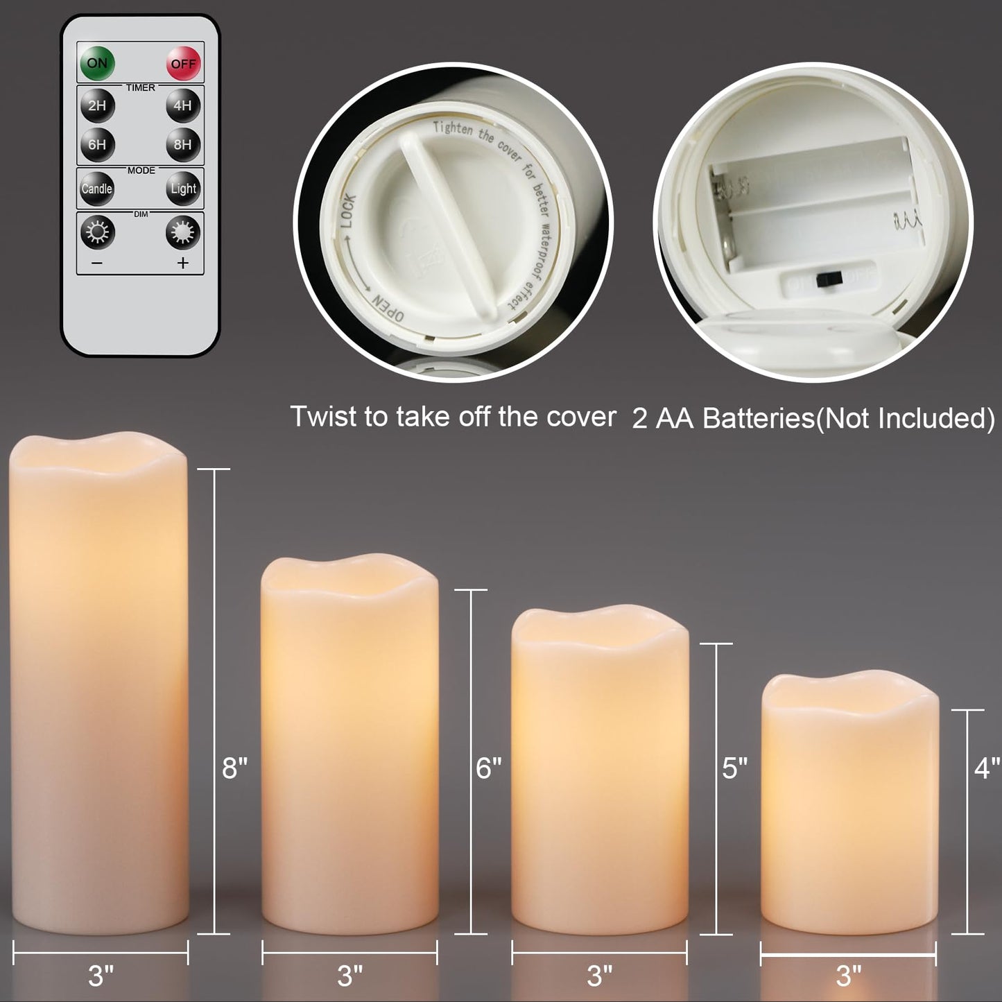 Eldnacele Waterproof Flameless Flickering Candles with Remote and Timer, Battery Operated LED Pillar Candles Indoor Outdoor White Plastic Candle Pack of 4 Wedding Dinner Home Decor, D3 x H4 5" 6" 8"