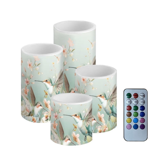 Cozeyat Green Hummingbird Floral Flameless Candles 4 Pack LED Pillar Candles Battery Powered with Remote Timer Color Changing for Indoor Outdoor Wedding Home