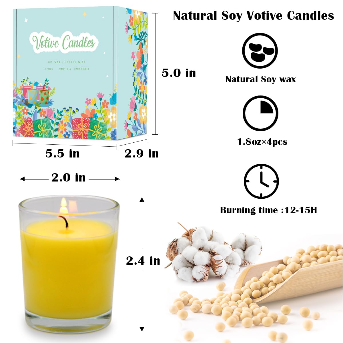 Small Citronella Candles Outdoor and Indoor, Yellow Soy Wax Votive Candles for Party Dinner and Camping - 12 Hours Burn Time, Set of 4