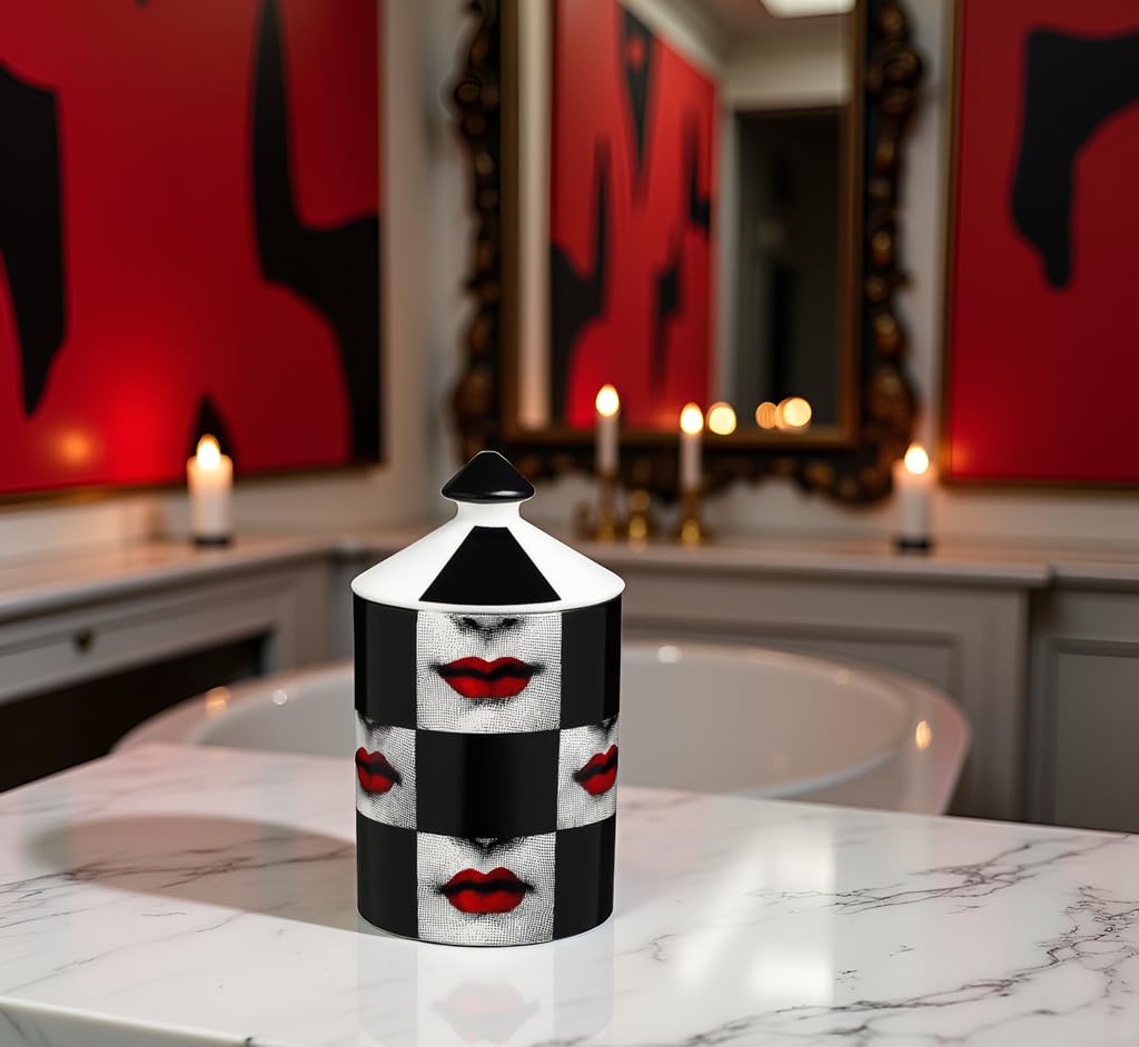 AlphaDesignLuxe Decorative Candle Holder Handcrafted Aromatherapy Candle Jar Italian Designer Décor Fashionable Tabletop Vase Modern Art Female Face Eyes Lips Centerpiece. (Red Lips Black Squares)