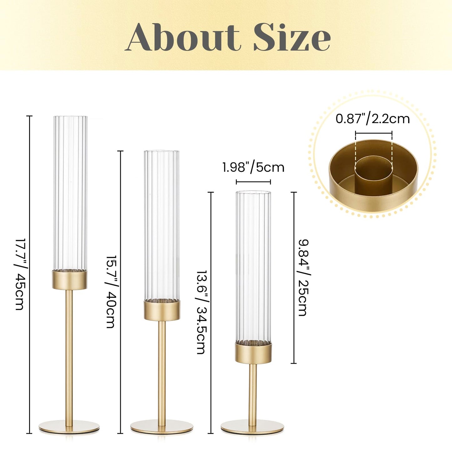 Hewory Gold Hurricane Candle Holders: Brass Candlestick Holders Set of 3 Tall Taper Candle Holders for Candlesticks Candle Sticks Holder Decor for Table Centerpiece Wedding Party Christmas Decorations