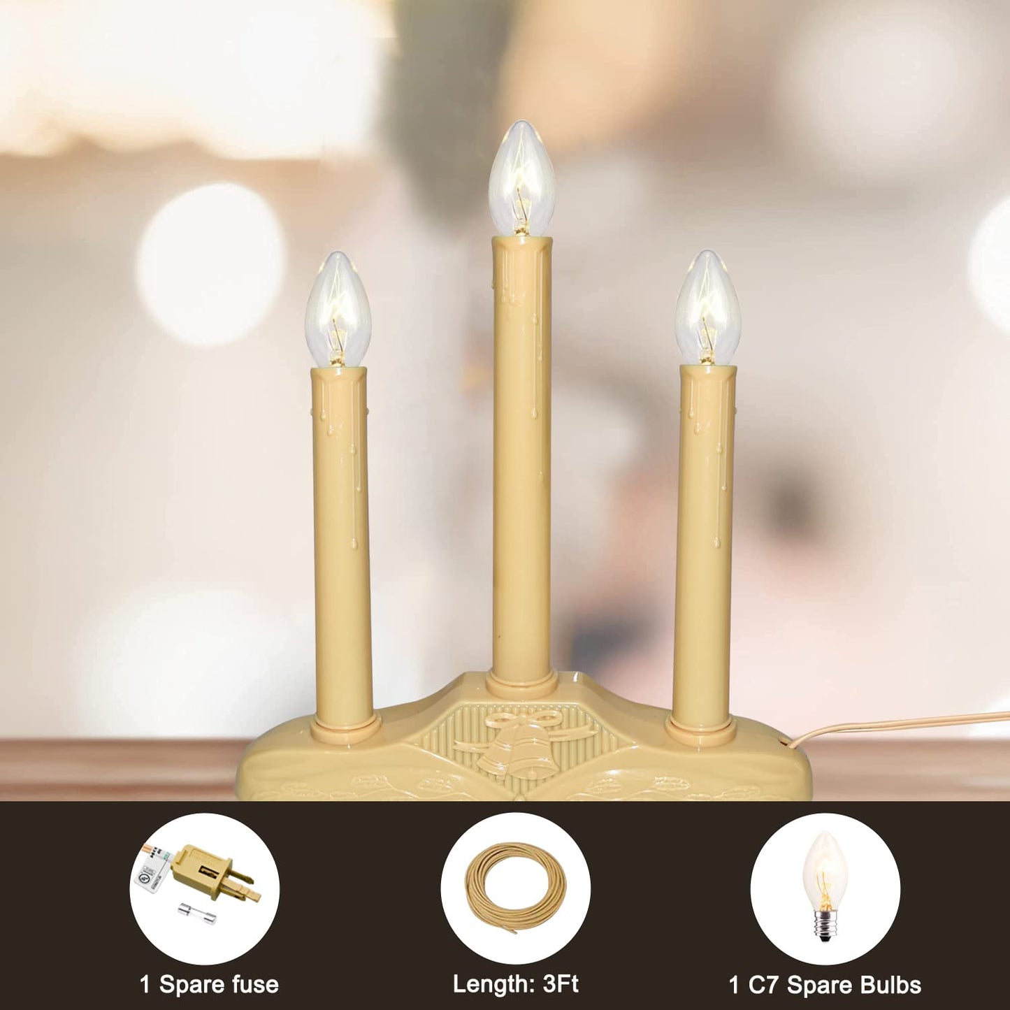 Pallerina 3 Light Christmas Window Candles, Electric Window Candles with 4 C7 Light Bulbs, Plug in Electric Candle for Christmas Party Home Decorating Restaurant Table Décor, Ivory -1 Pack