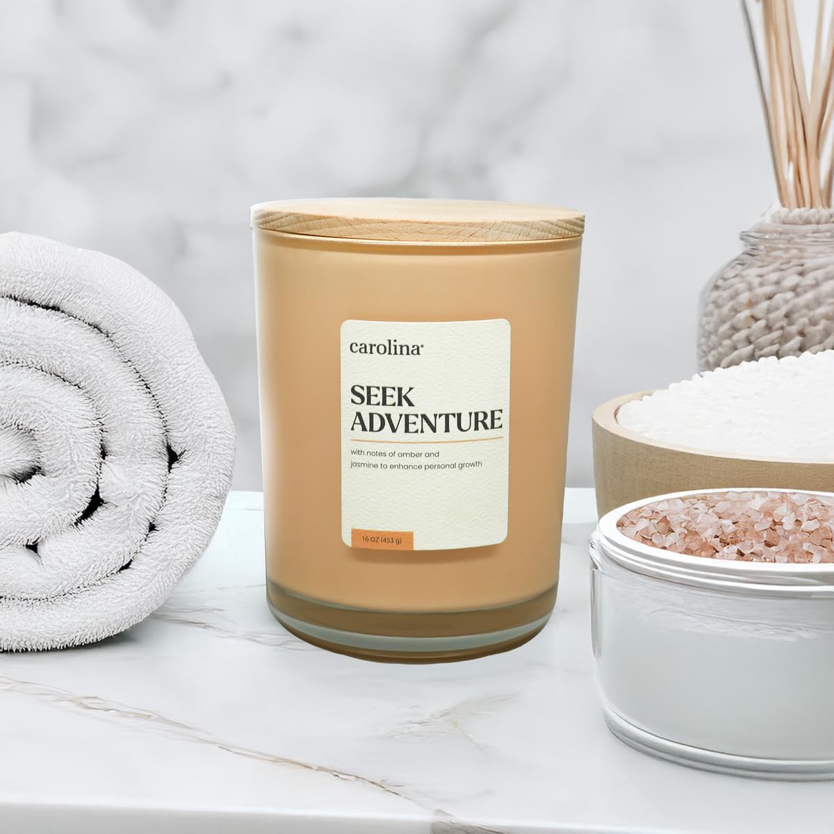 Carolina Seek Adventure Scented Candle, 16 oz Amber & Jasmine Scented, 2 Wick Wellness Relaxing Candle, 60H Burn Time, Ideal for Creating a Welcoming Home - Made in The USA