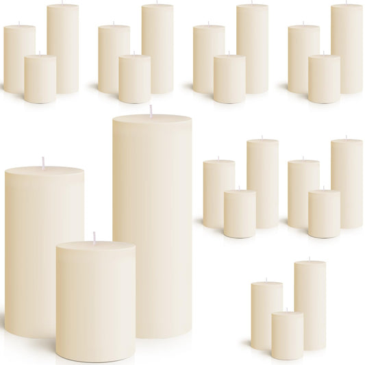 MTLEE 24 Pcs Pillar Candles Bulk Dripless Unscented Candles Wax Long Burning Smokeless for Baby Shower Wedding Home Dinners Church Spa Table Decoration, 3" x 4", 6", 8"(Ivory Color)