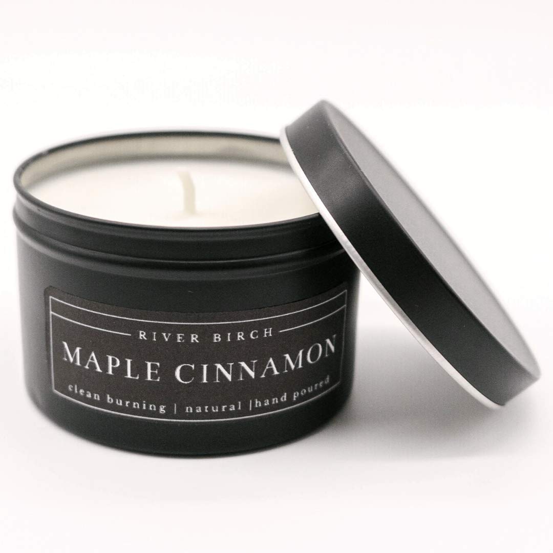 River Birch Candles Maple Cinnamon Scented Candle | Premium, All-Natural, Non-Toxic, Soy Candles | 8 oz. Black Matte Tin Travel Candle | Cozy Relaxing Gifts for Home