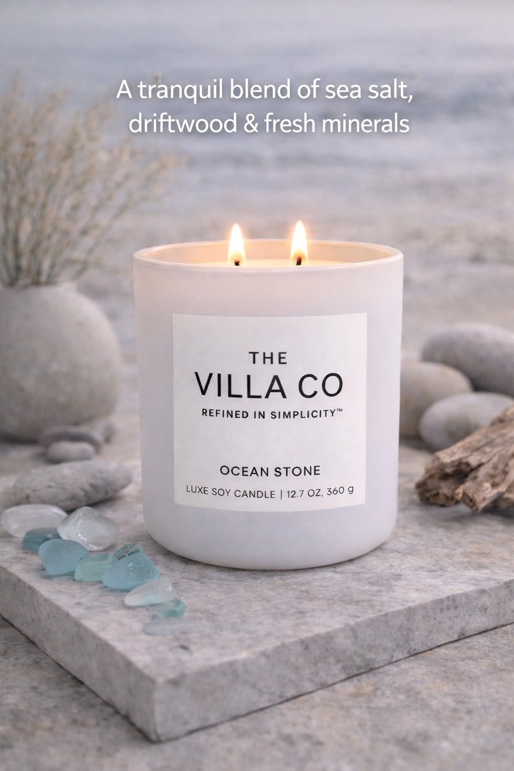 The Villa Co | Ocean Stone | Scented Candle for Women & Men | Hand-Poured, Aromatic & Fragrant | 60 Hour Burn Time 12 OZ | Soy Based | Phthalate Free | Made in USA