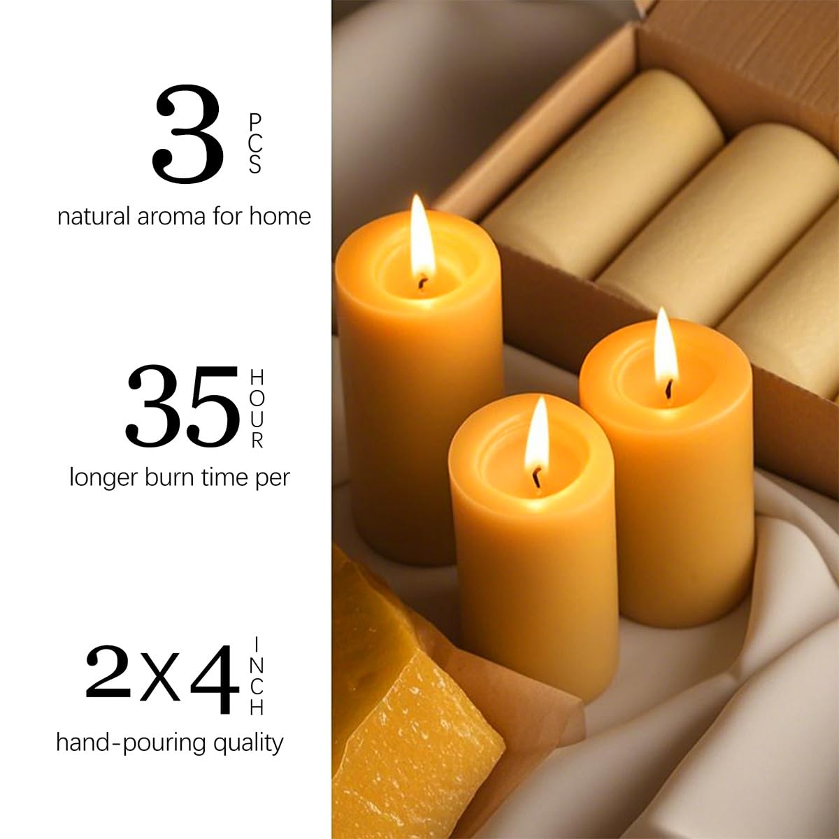 Natural Beeswax Candles 3 Packs, 105 Hours Burn Time Total, 100% Pure Beeswax Pillar Candles for Emergency Prayer Home Decor, Bees Wax Candle for Relax, Smokeless & Dripless [2x4 inch]