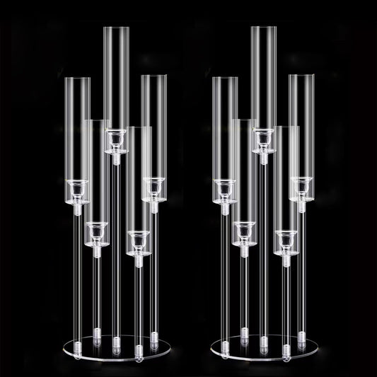 2Pcs Acrylic Candelabra Centerpieces for Wedding,Clear Crystal 5 Arm Candlesticks Holder with Acrylic Shade for Valentine's day Dinner Party Fireplace Gift Fit 0.87 LED Candle