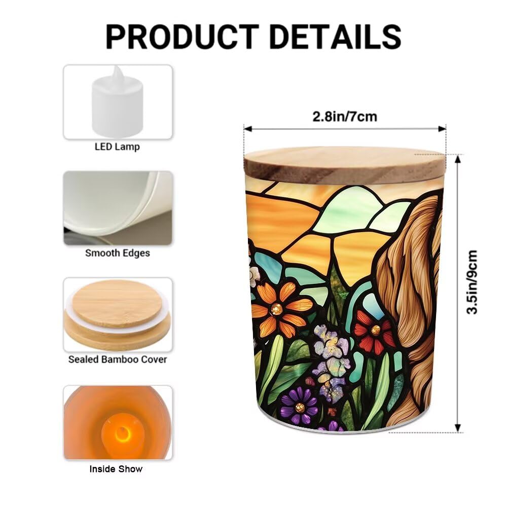 Stained Glass Golden Retriever Dog Tea Light Candle Holders, Pet Memorial Tealight Candle Holder Jar with Wooden Lid, Bereavement Remembrance Votive Candlesticks Dog Memorial Gifts for Loss of Dog