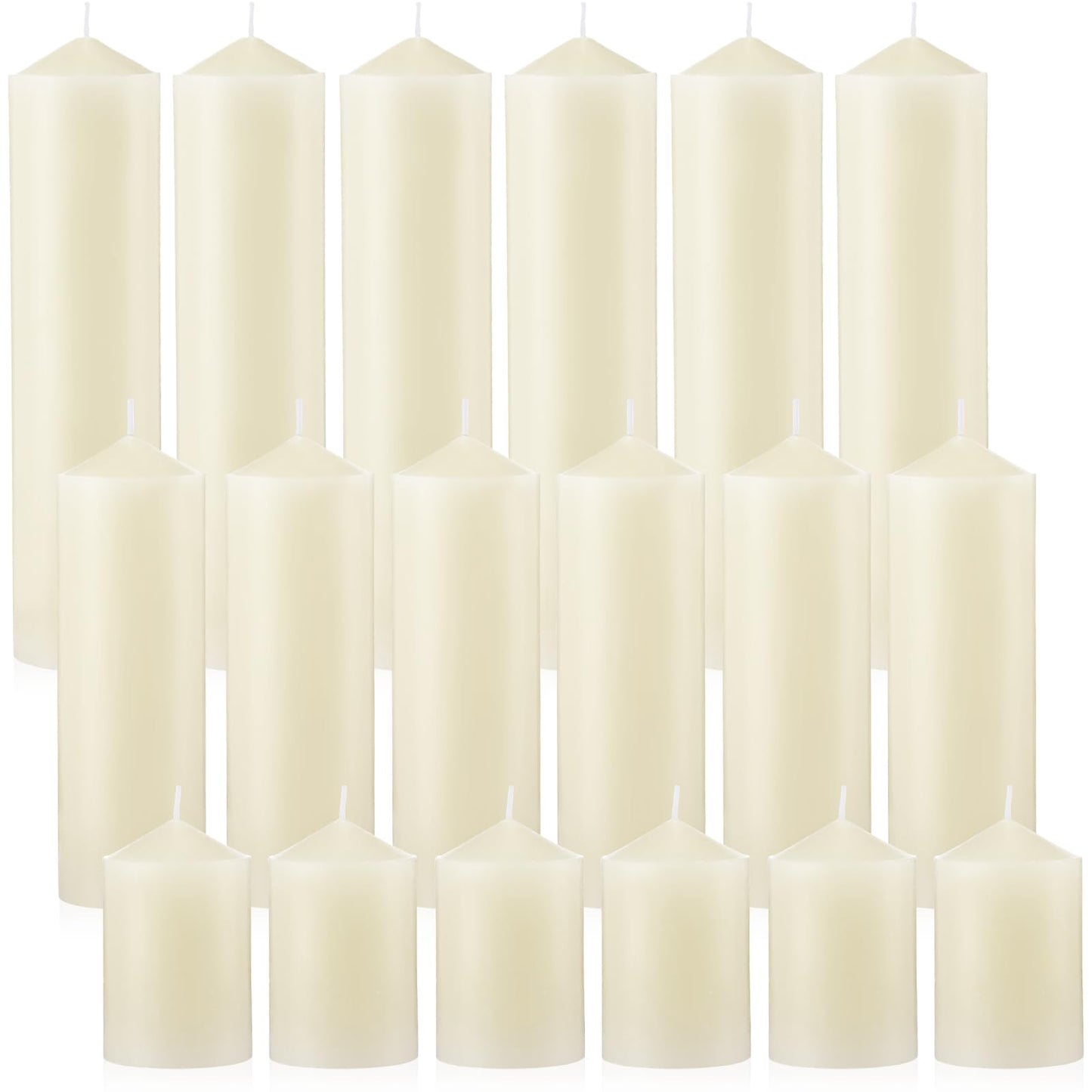 MTLEE 18 Pcs Set of 3 Pillar Candles Bulk 2 in x 3, 6, 8 Long Burning Clean Unscented Smokeless Pillar Candles for Wedding Emergency Lanterns Ceremony Party (Ivory White)