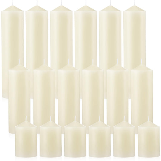 MTLEE 18 Pcs Set of 3 Pillar Candles Bulk 2 in x 3, 6, 8 Long Burning Clean Unscented Smokeless Pillar Candles for Wedding Emergency Lanterns Ceremony Party (Ivory White)