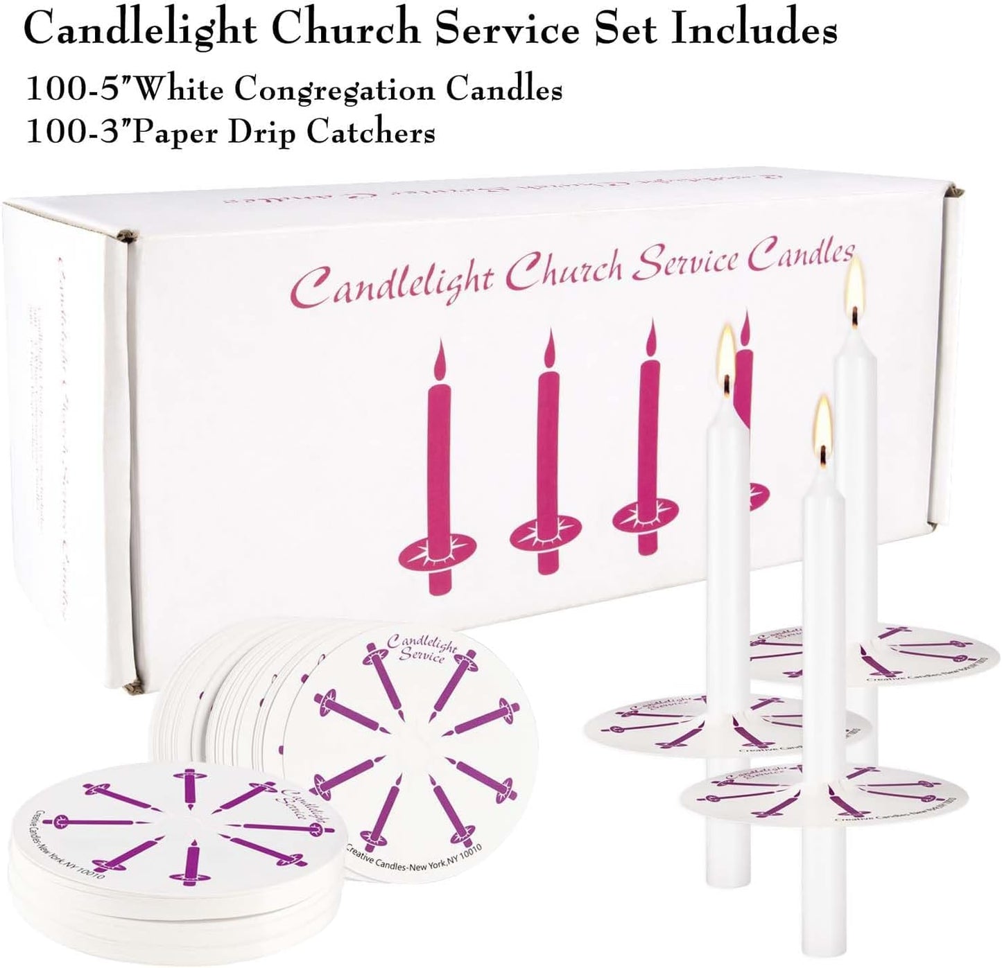 YOROXRG 200 pcs Church Candles with Drip Protectors for Devotional Candlelight Vigil Service, Unscented White 5" H X 1/2" D, No Smoke, Shabbat, Praye