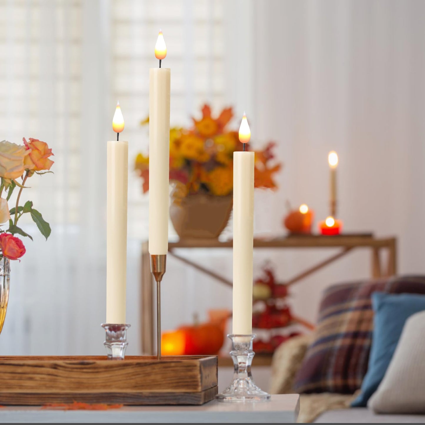 LED Flameless Taper Candles With Remote-Timer Battery Operated Flickering 9.6 Inches Ivory Window Candle Lights Realistic Warm Amber Light Best Gift For Xmas Wedding Home Dinner Decor Set of 10