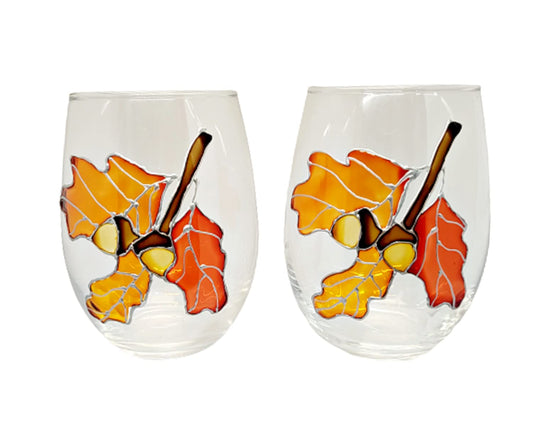 Oak Leaves Acorns Stemless Hand Painted Wine Glasses Set 2 Fall Decor