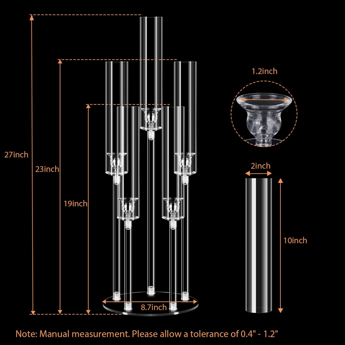 4 Sets 5 Arms Acrylic Candelabra Centerpieces for Tables,Clear Candle Holder for Wedding,Ceremony Dinner Party, 27" Tall Candlestick Holders with Lampshade,Fit LED Candle