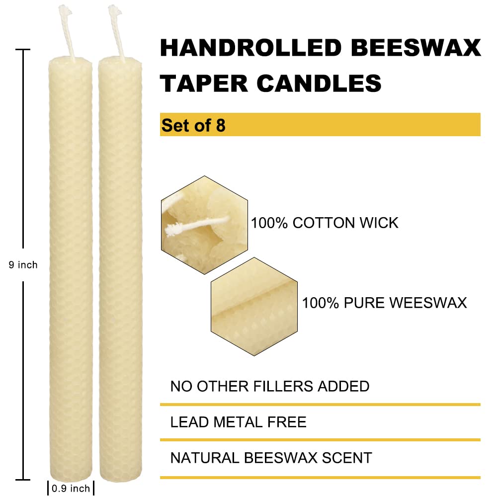 AGLARY 16PCS 9" Hand-Rolled Beeswax Taper Candles White, 100% Pure Natural Beeswax Candles for Home Decor, Yoga & Meditation (Unscented)