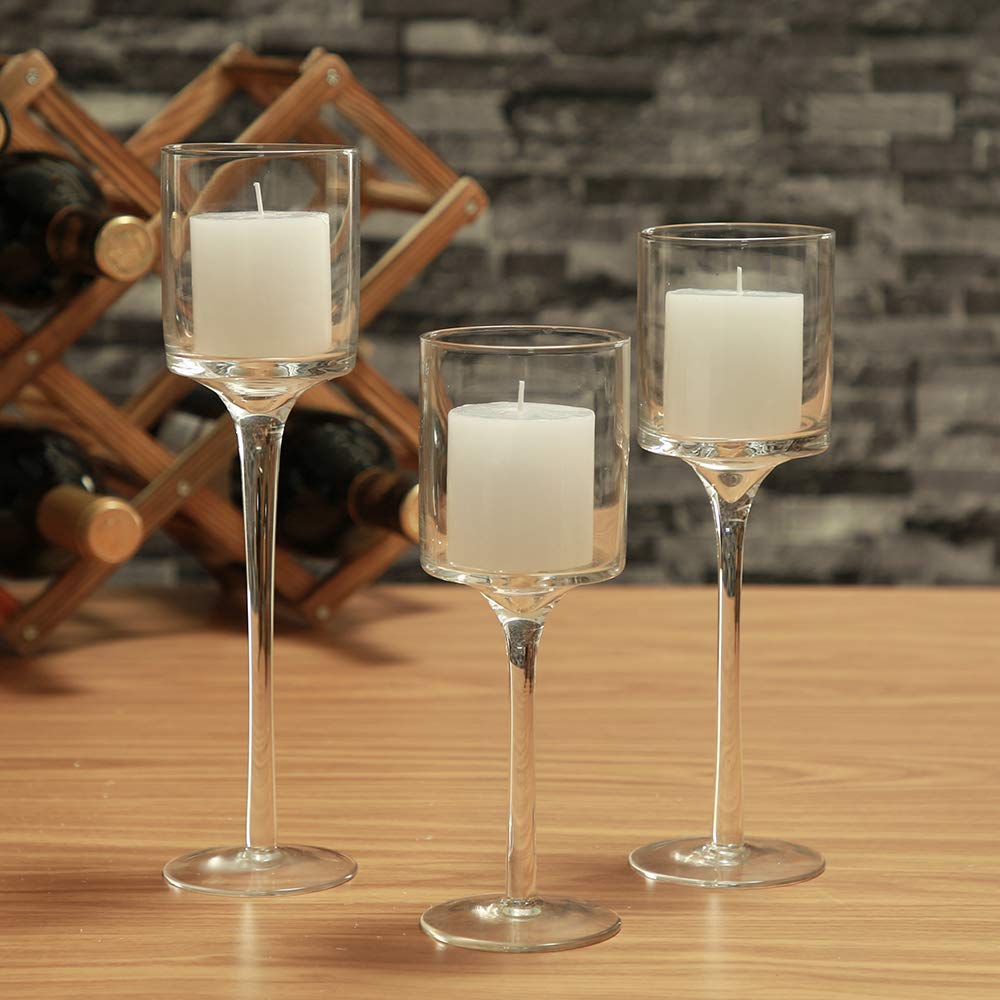 BTGLLAS Set of 3 Candlestick & Tealight Candle Holders Tall High Elegant Clear Glass Tealight Holder Suitable for Candles Under 6cm (2.36") in Diameter Fit Home Party Wedding Table Centerpiece Decor…