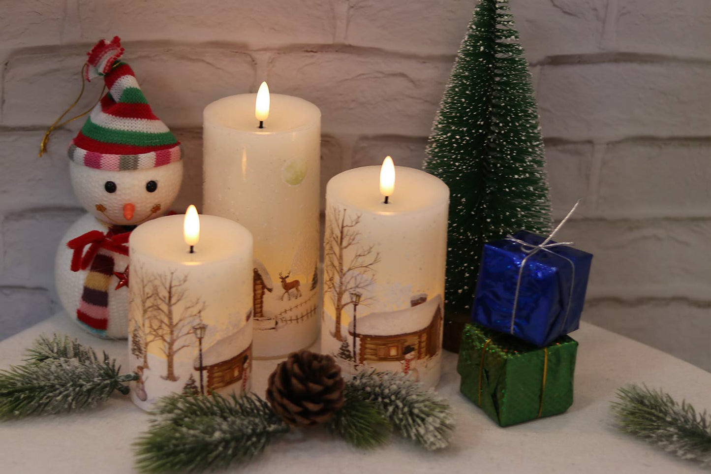 GenSwin Christmas Snowman Battery Operated Candles Flameless Flickering with Remote Timer, 3D Wick Real Wax Led Pillar Candles Warm Light, Christmas Snowman Deer Home Decor Gift(Pack of 3)