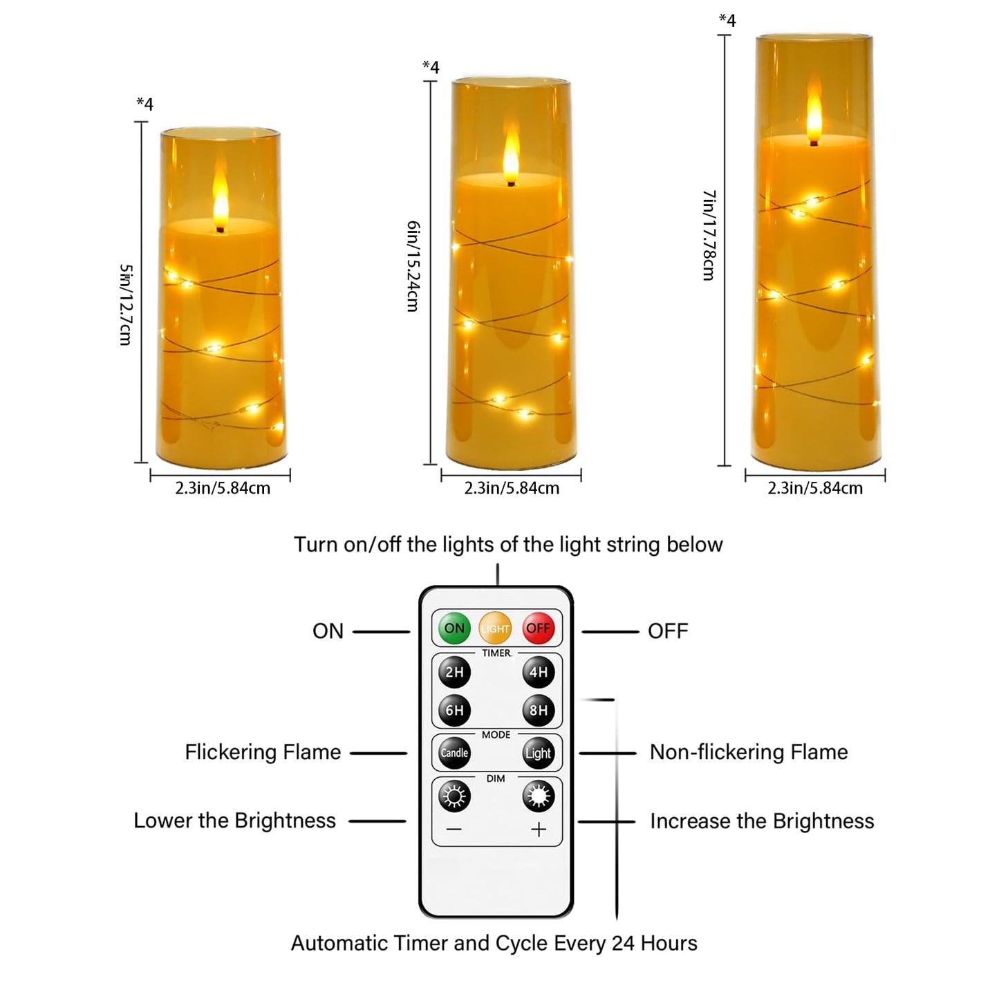 Sasigeiaa Flameless Candles with Embedded Star String - Battery Operated LED Candles, with Remote,12 Gold Flickering Candles for Christmas, Weddings, Home Decor & Party,(D 2.3"×H 5" 6" 7")