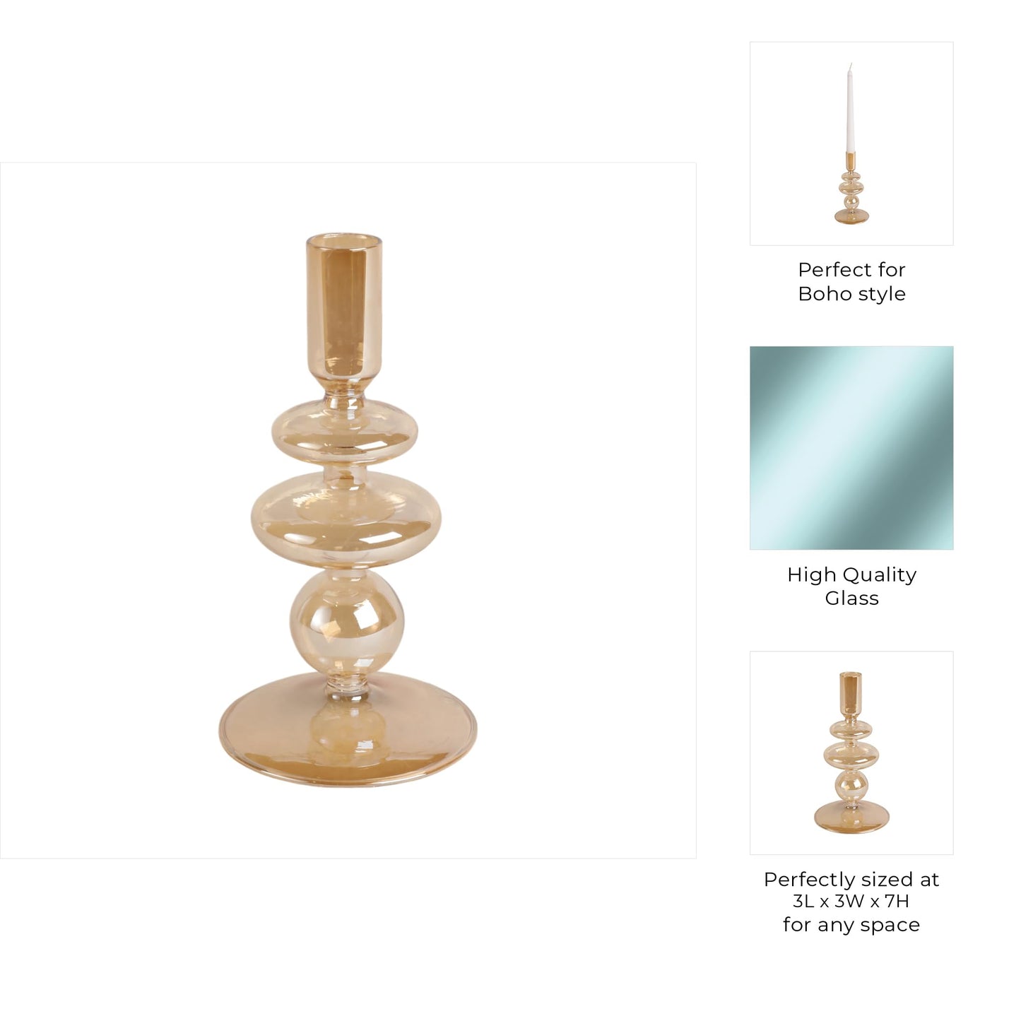 Decorative Glass Candle Holder for Taper Candles - Modern Candlestick Holder with Disc and Sphere Design for Table Decor - Pair with Gold Centerpieces for Tables and Living Room Display - 7" Gold