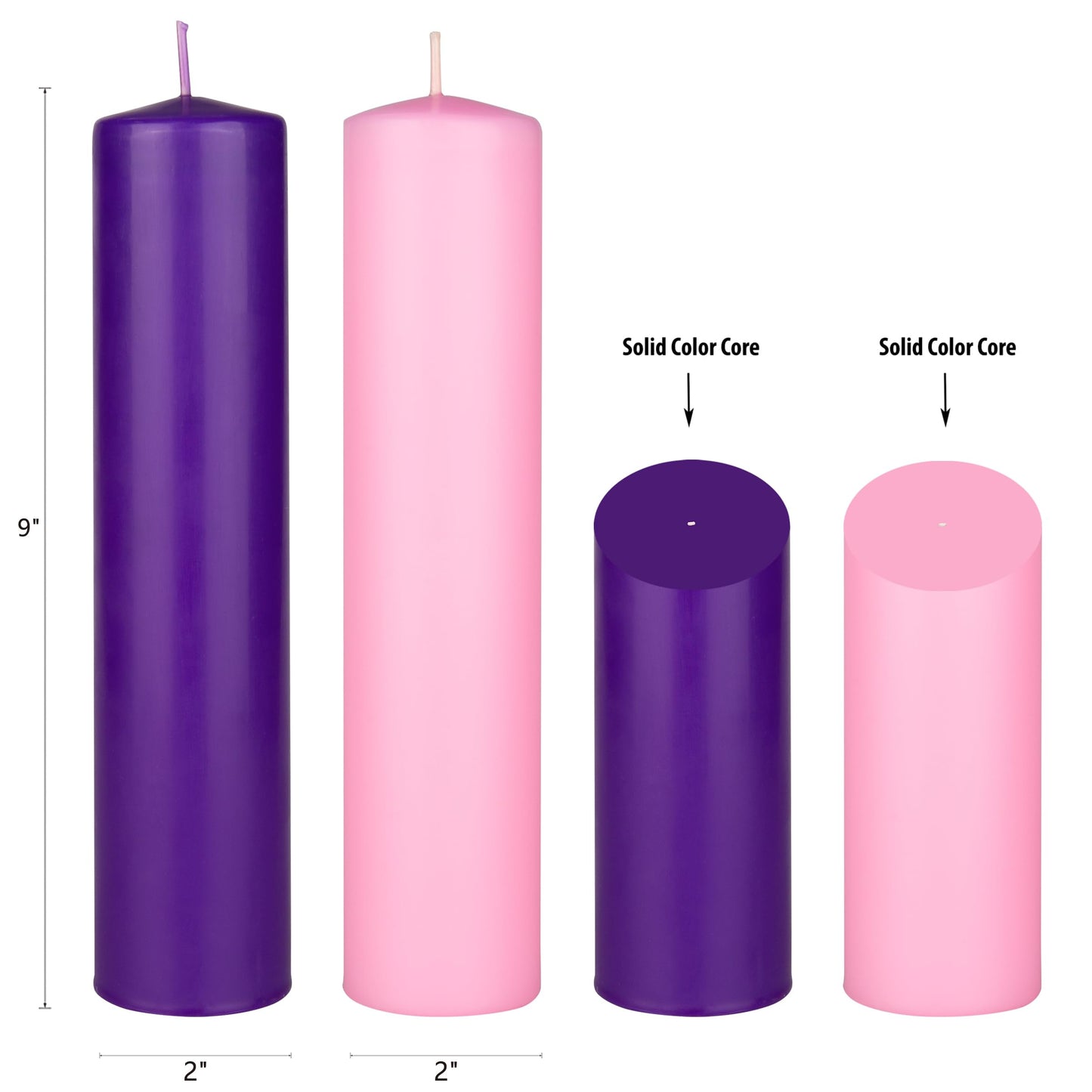 Mega Candles 4 pcs Unscented Christmas Advent Candles Set, Hand Poured Premium Wax Dome Top Round Pillar Candle 2 Inch x 9 Inch, Holidays, Festivities, Devotional, Church, Wreath, Party, Gifts