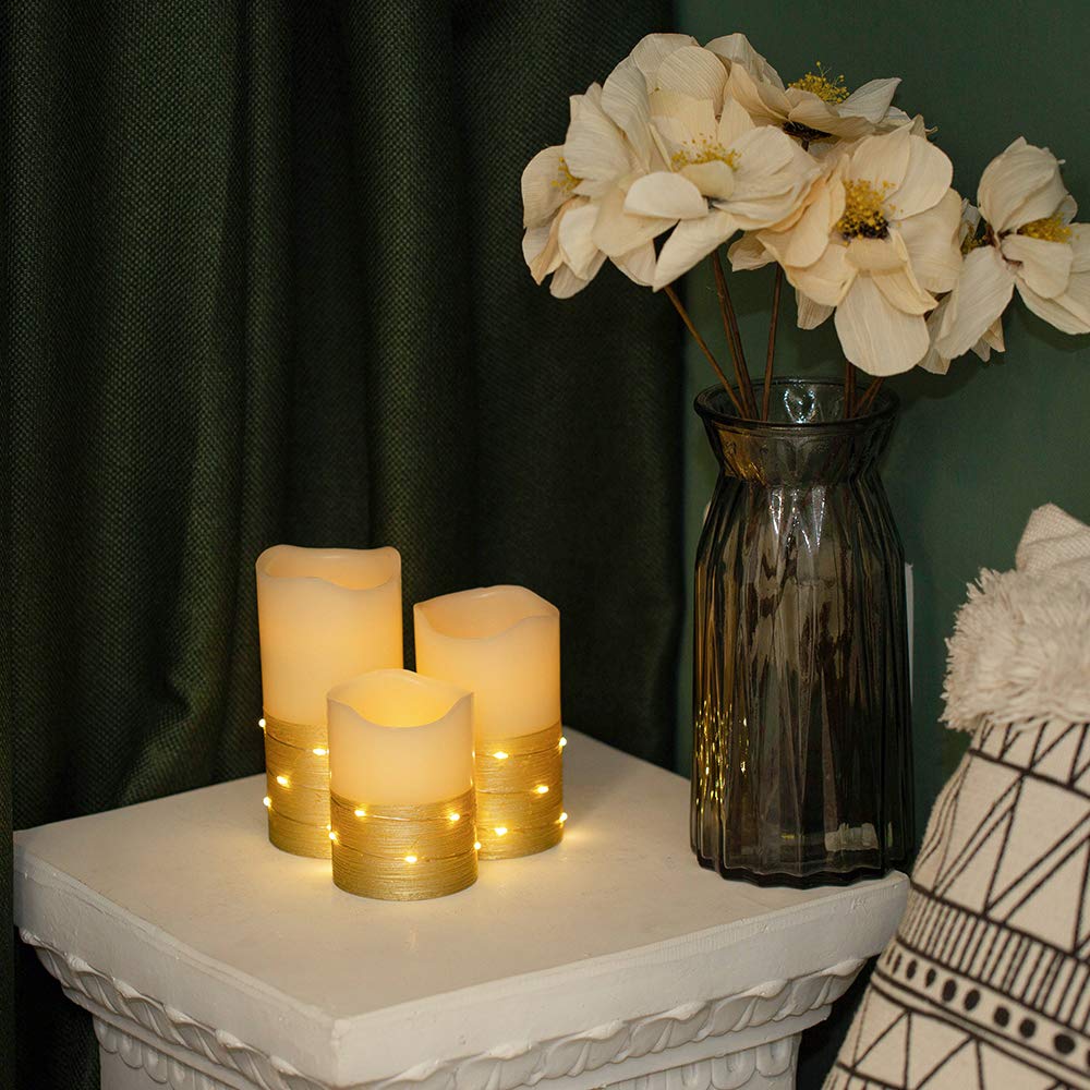 BeMoment Flickering Flameless Candles with Timer, Battery Operated Candle Embedded String Lights, Gold Paint Finish, Ideal for Home Decor, Holidays, and Festivals, 3pcs (D 3" x H 4" 5" 6")