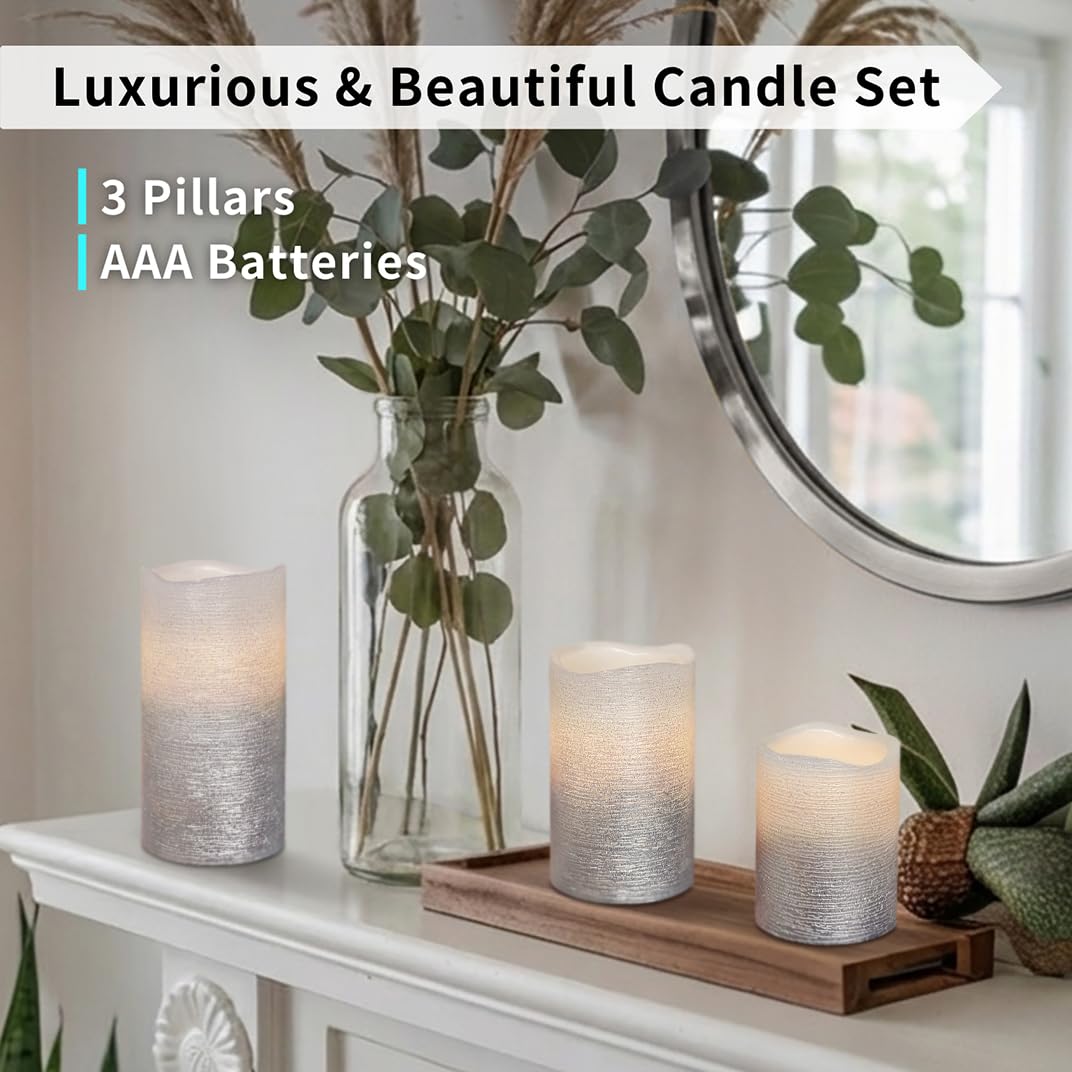 FURORA LIGHTING Silver Glitter Flameless Pillar Candles - Real Wax, 5/19 Auto Timer, Set of 3 (3x4, 3x5, 3x6), Batteries Included, Home Decor