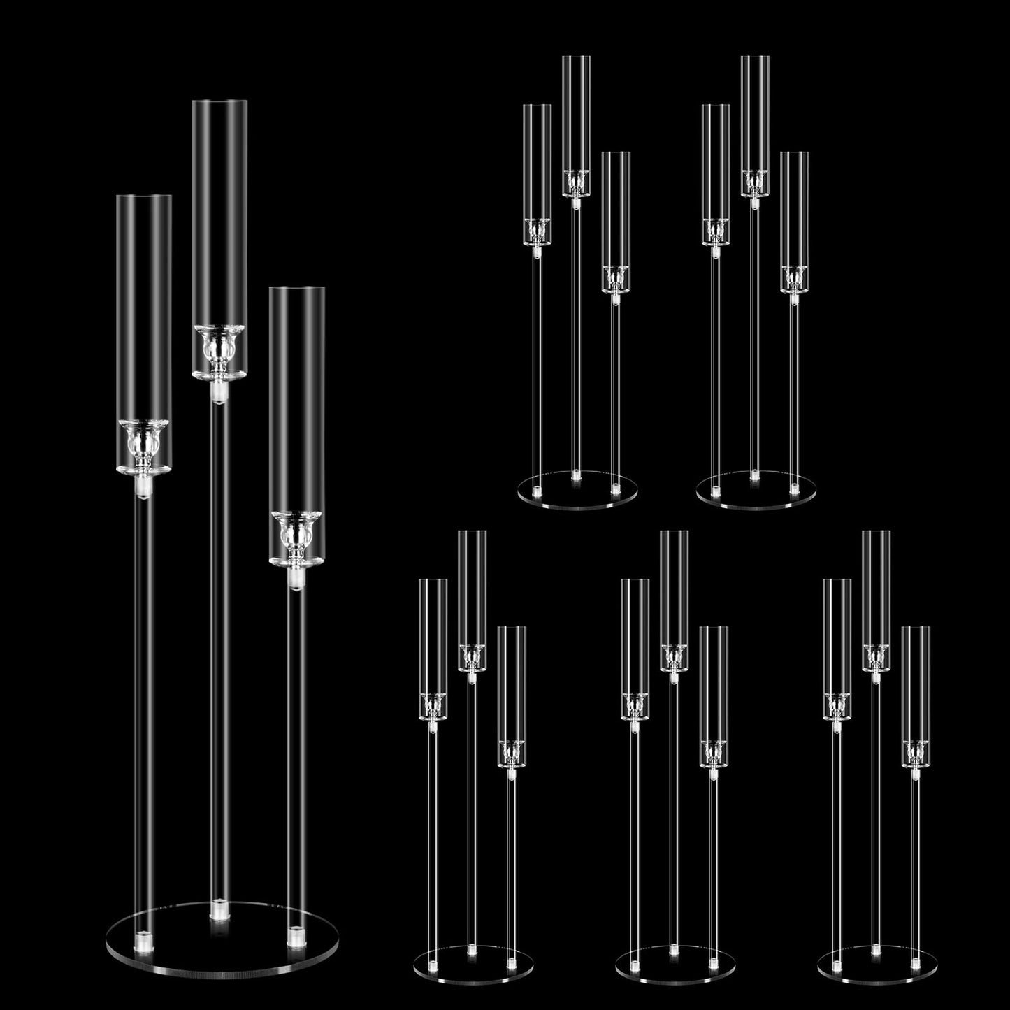 6 Set 3 Arms Acrylic Candelabra Centerpieces for Wedding Table Decorations,30.7" Clear Candlesticks Holder with Acrylic Shade for Valentine's Day Dinner Party Fireplace Decor Fit LED Candle