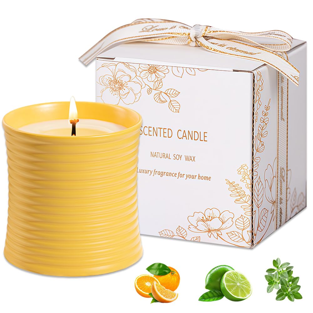 Generic Natural Soy Wax Scented Candle, Lime Basil Citrus Fragrance, Handmade Luxury Home Decor with Cotton Wick,Yellow Ceramic Container, Reusable Jar