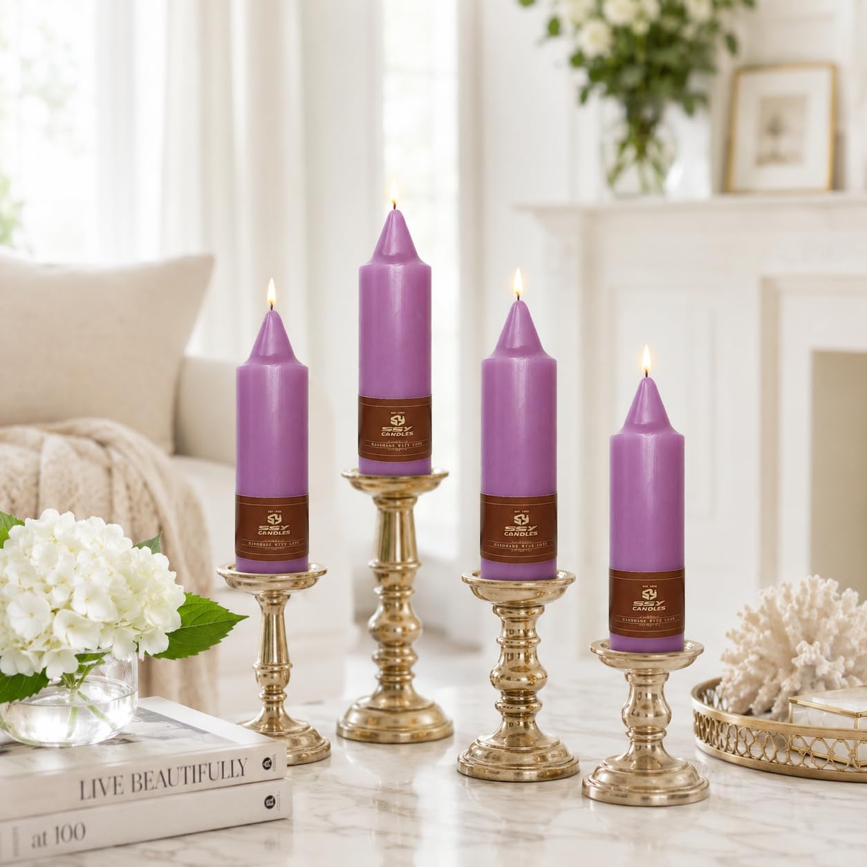 Short Taper Candles Set of 4, 5 Inch Plum Purple Handmade Candlesticks, Unscented Tapered Candles, Candle Sticks for Wedding Dinner Table Home Decor Gift