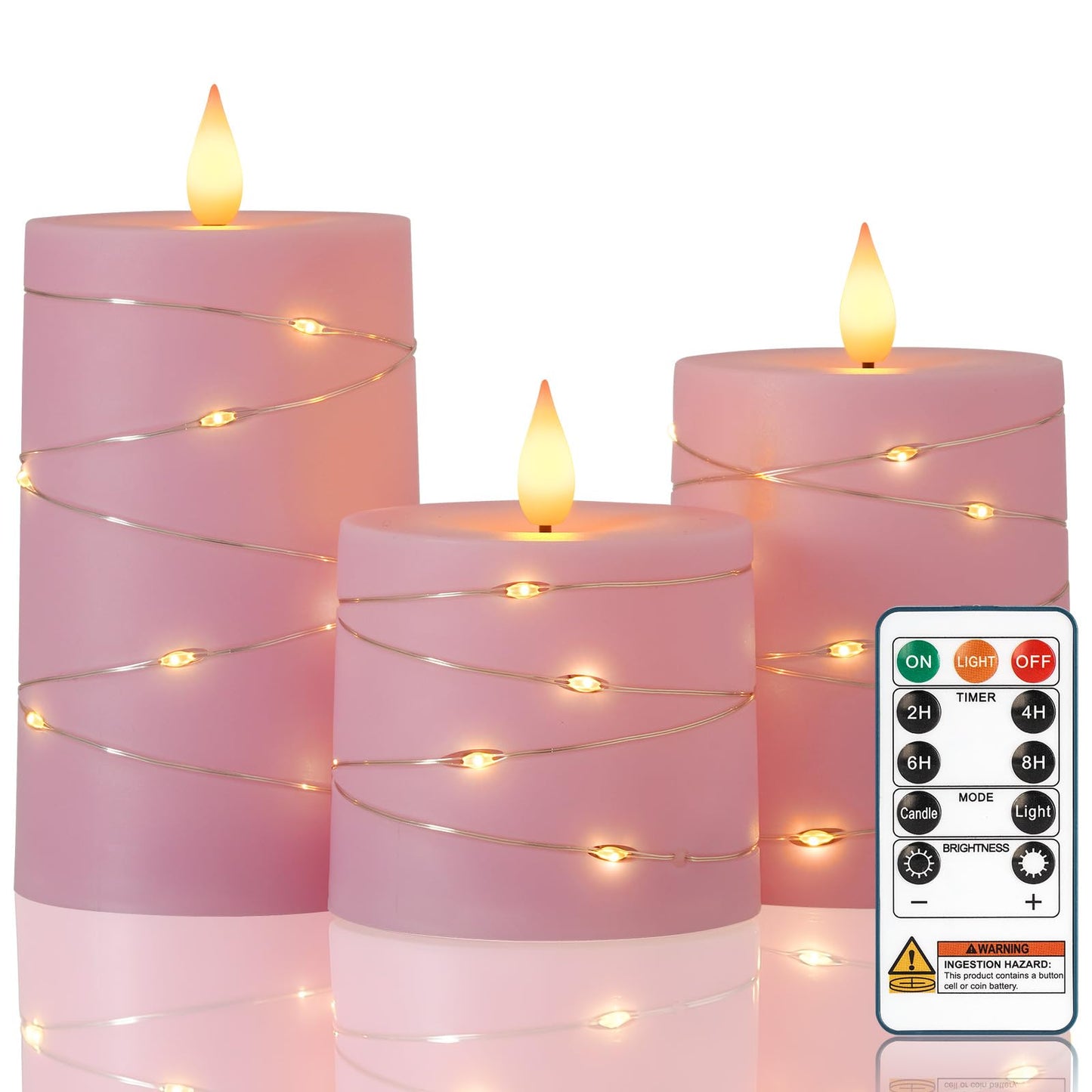 Raycare Easter Pink Flameless Candles with Remote Timer, Flickering Battery Operated LED Pillar Fake Candle with String Lights for Home Decor, Christmas, Wedding and Gift, Set of 3