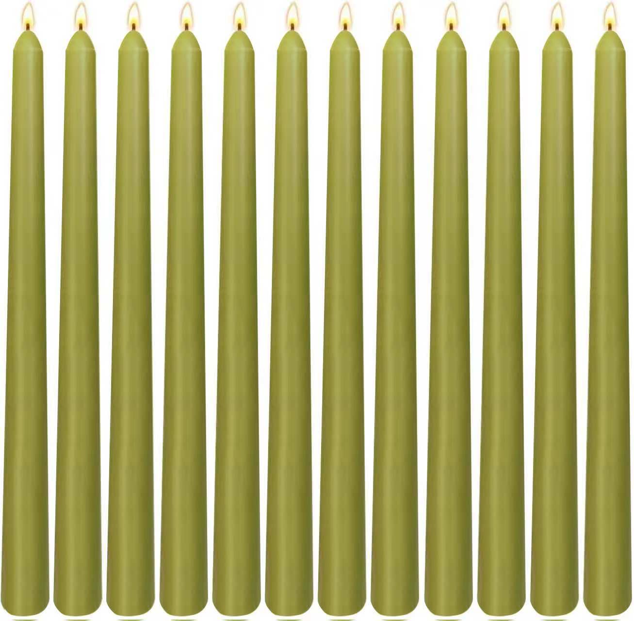 12-Pack Olive Green Taper Candles, 10 Inch Unscented Dripless Candlesticks, Long-Lasting Burn Time of 7-8 Hours, Perfect for Christmas Home Décor Spring and St. Patrick's Day