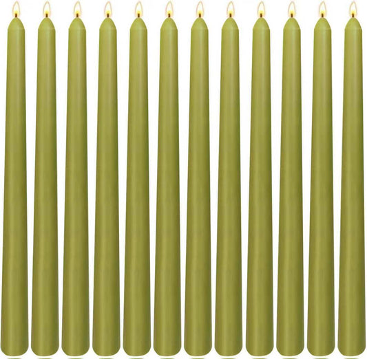 12-Pack Olive Green Taper Candles, 10 Inch Unscented Dripless Candlesticks, Long-Lasting Burn Time of 7-8 Hours, Perfect for Christmas Home Décor Spring and St. Patrick's Day