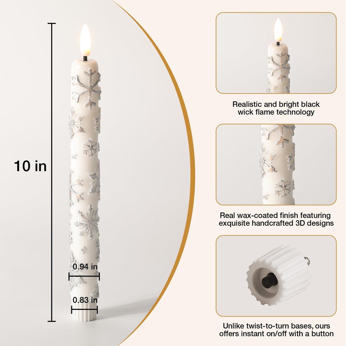 Eywamage White Snowflakes Christmas Flameless Taper Candles with Remote, Flickering LED Wax Candlesticks Set of 4