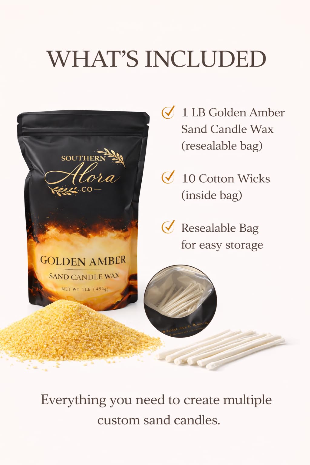 Candle Sand with 10 Wicks – 1 LB Refillable Candle Wax for DIY Candles, Wedding Centerpieces, Home Decor, Candle Making Kit, Candle Sand with Wicks – Golden Amber