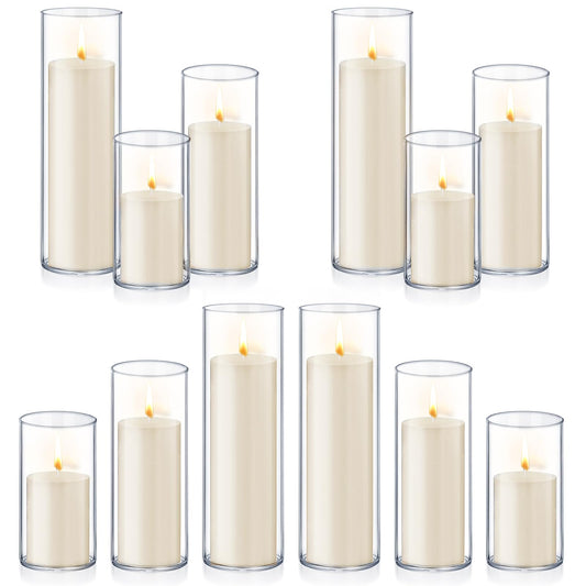 24 PCS Ivory White Pillar Candles with Glass Candle Holders Clear Hurricane Candle Holders Glass Cylinder Vases for Centerpieces Wedding Party, Event, Home Office (12 Candles+12 Candle Hoders)