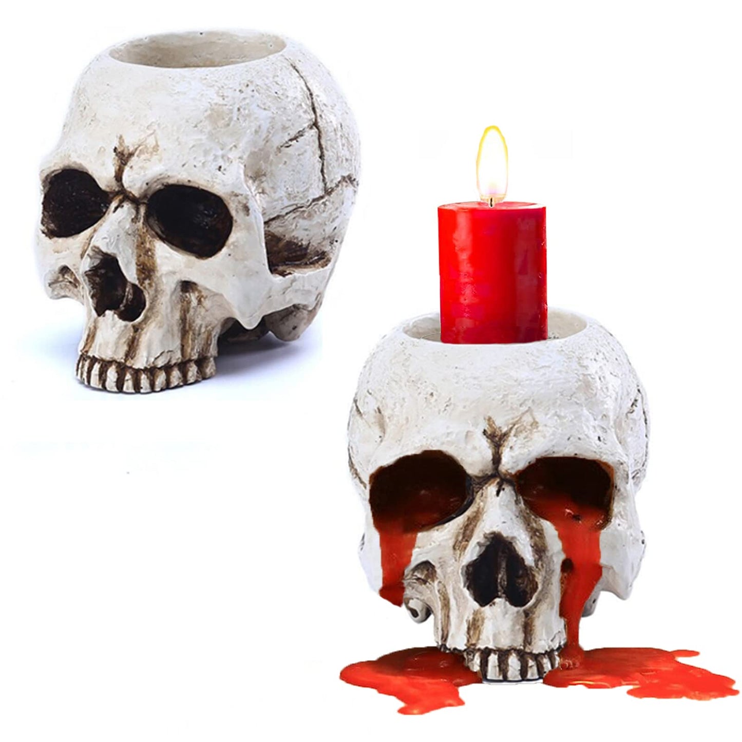 VICDUEKG 2 Pcs Skull Candle Holder Skeleton Candlestick Holders Spooky Tealight Cup Gothic Decor Resin Candlestick Crafts for Halloween Christmas Home Party Graveyard Outdoor Bar Decoration, White
