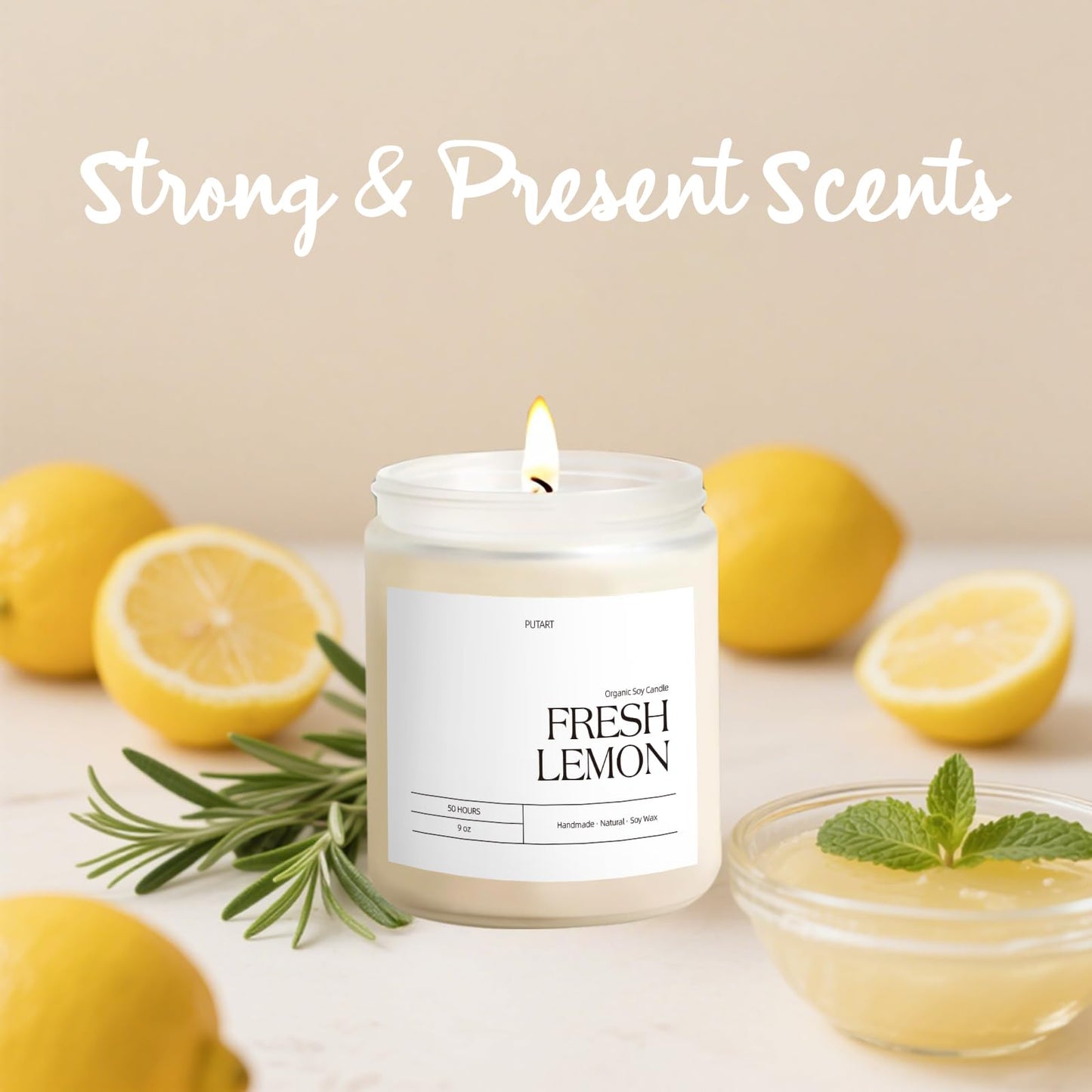 Putart Fresh Lemon Highly Scented Candle for Home, 9oz Natural Soy Aromatherapy Non Toxic Candles with Essential Oil, Home Fragrance Stress Relief & Meditation Jar Candles Gifts for Women & Men, White