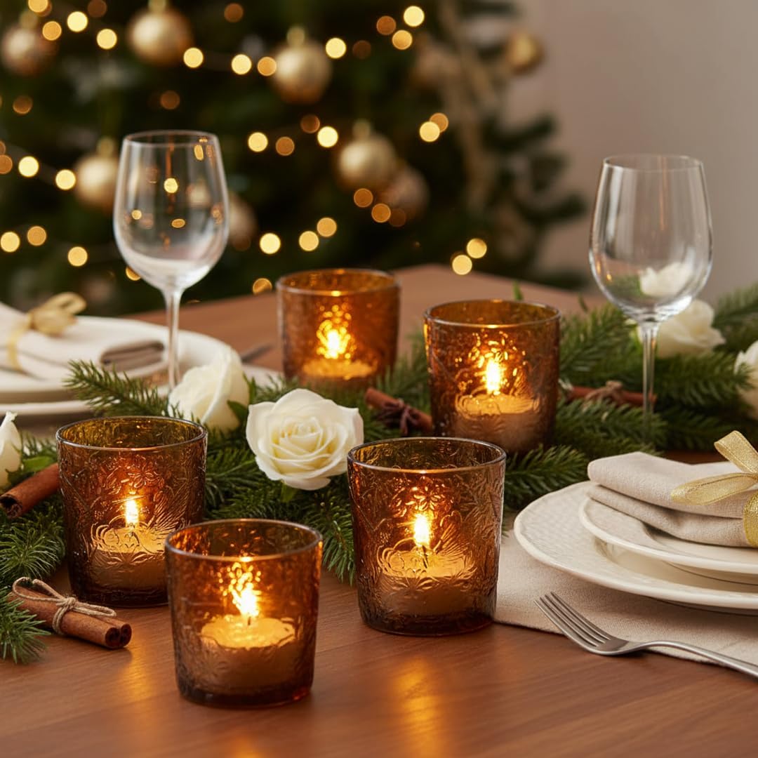 12 Pack Hummingbird Embossed Glass Candle Holders – Votive Tealight Holders with Patent Design, Decorative Embossed Glass Cups for Wedding Centerpieces, Parties, and Home Décor (Chestnut Brown)
