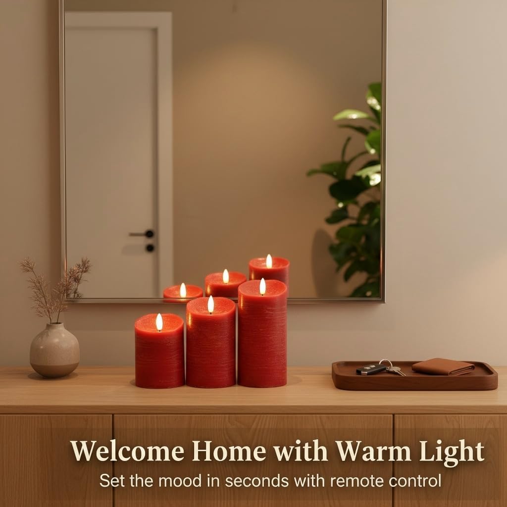 ANGELLOONG Red Flameless Candles with Remote and Timer, Real Wax Flickering Fake Pillar Candles Battery Operated, Electric LED Candle for Bathroom Table Decor Birthday Gifts for Him Her, Set of 3