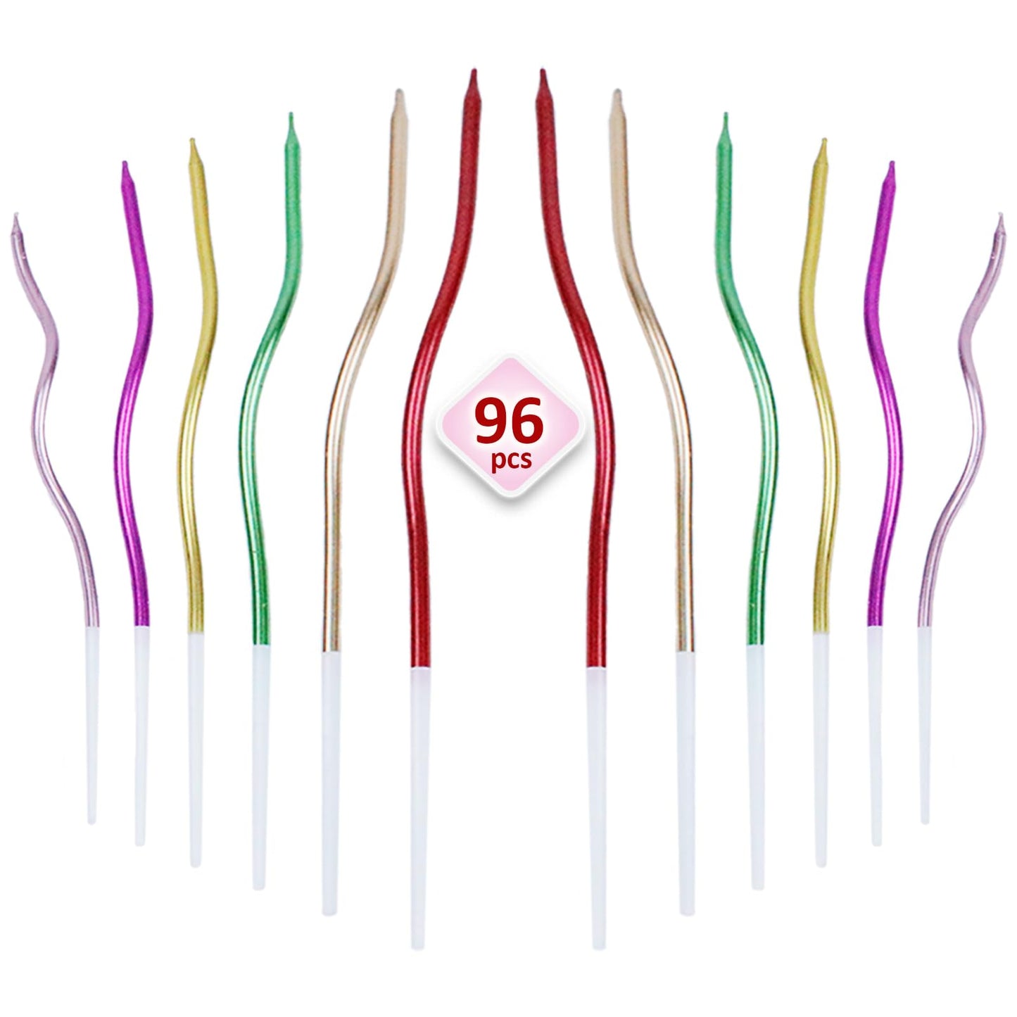 96PCS Metallic Colorful Twisted Birthday Candles - Spiral Long Thin Curly Coil Cake Candles with Holders for Birthday Wedding Party