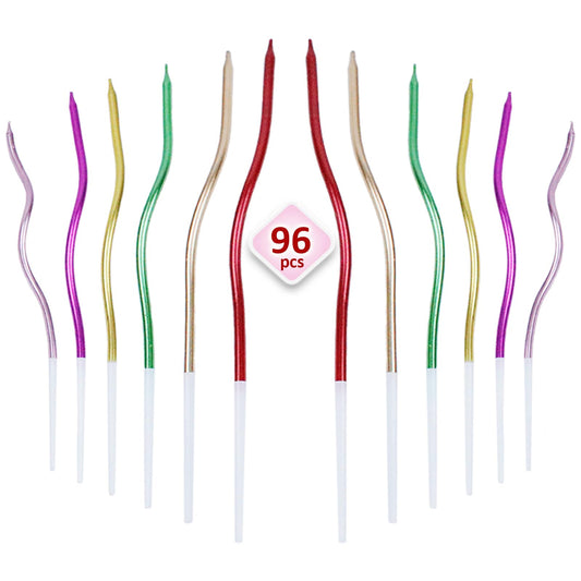 96PCS Metallic Colorful Twisted Birthday Candles - Spiral Long Thin Curly Coil Cake Candles with Holders for Birthday Wedding Party