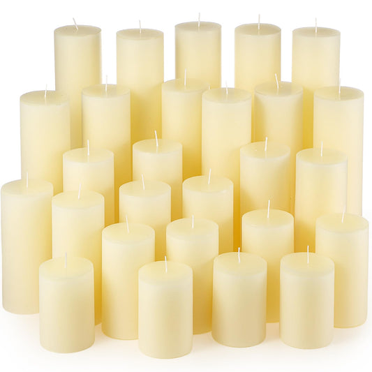 Shihanee 36 Pcs Pillar Candles 3 in x 3,4,5,6,8,10 Dripless Unscented Smokeless Candle Long Burning Decorative Rustic Candles with Cotton Wick for Wedding Home Fireplace (Ivory White)